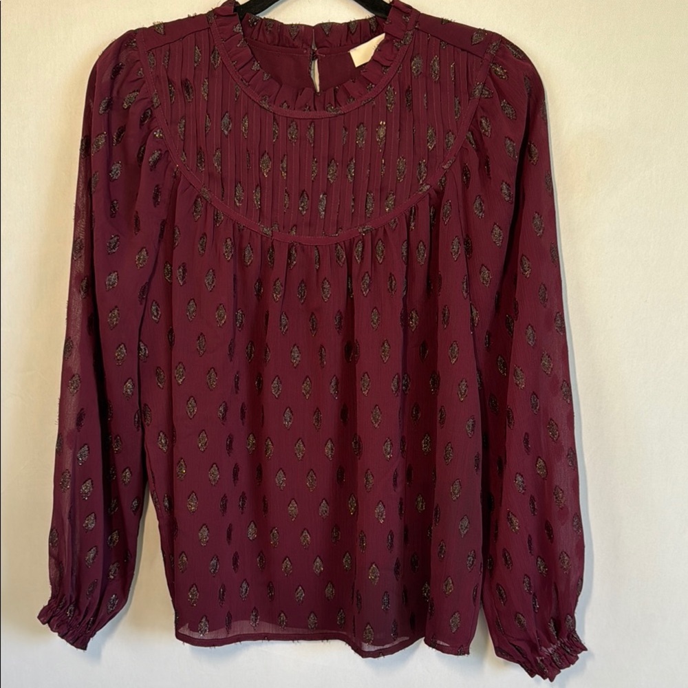 LOFT Burgundy Metallic Blouse Smocked Yoke Ruffle Neck Top Small NWT